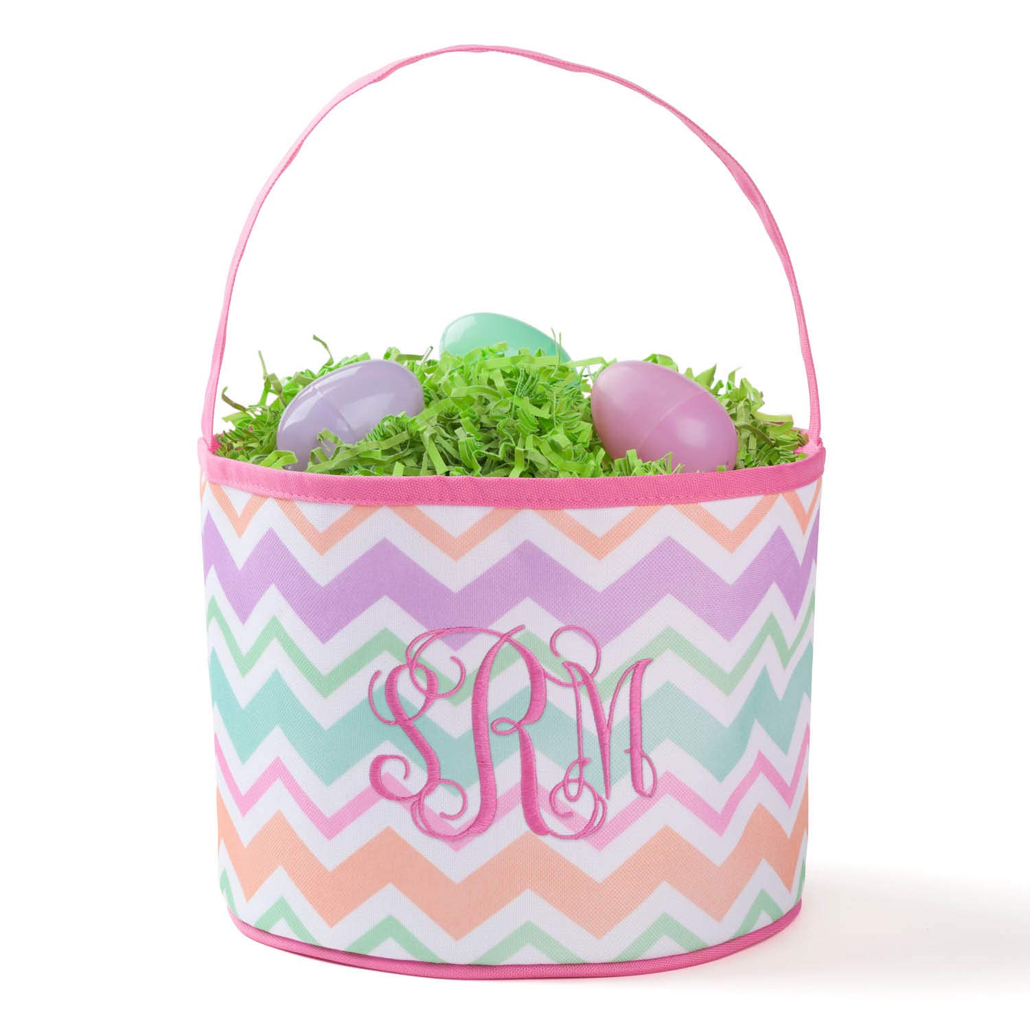 Personalized Chevron Bucket Bag with Custom Monogram | Orange and Pink Stripped Easter Bag with Handle | Soft Egg Basket for Kids | Customized Easter Basket | Great for Book and Toy Storage