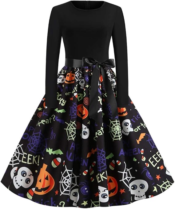 Amazon レディースファッション 秋 トップス ロング レディースファッション 冬 トップス 大きめ 秋冬 清楚 セクシー タイト ワンピース レディース きれいめ ハロウィン パンプキンプリント 長袖 花柄スカート ドレス ヘップバーンドレス ワンピース チュニック 通販