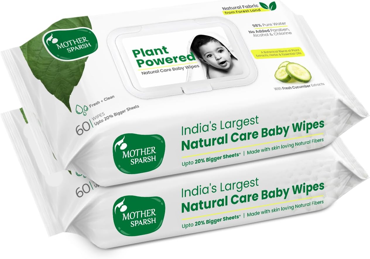 Natural Care Baby Wipes I 100% Plant Made Fabric From Forest Land | Fresh+Cleanse (with Cucumber) Plant Powered Wet Wipes For Baby I Cotton Cloth Like Bigger Sheets | 60 Pcs (Pack of 2)