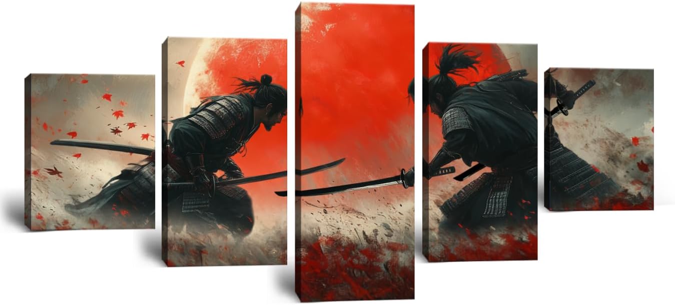 Warrior Wall Decor Japanese Samurai Wall Art Prints Black and White Vintage Asian Cultural Pictures Bushido Canvas Prints Full Moon Painting Artwork Framed Ready to Hang 5 Pieces 60''W x 32''H
