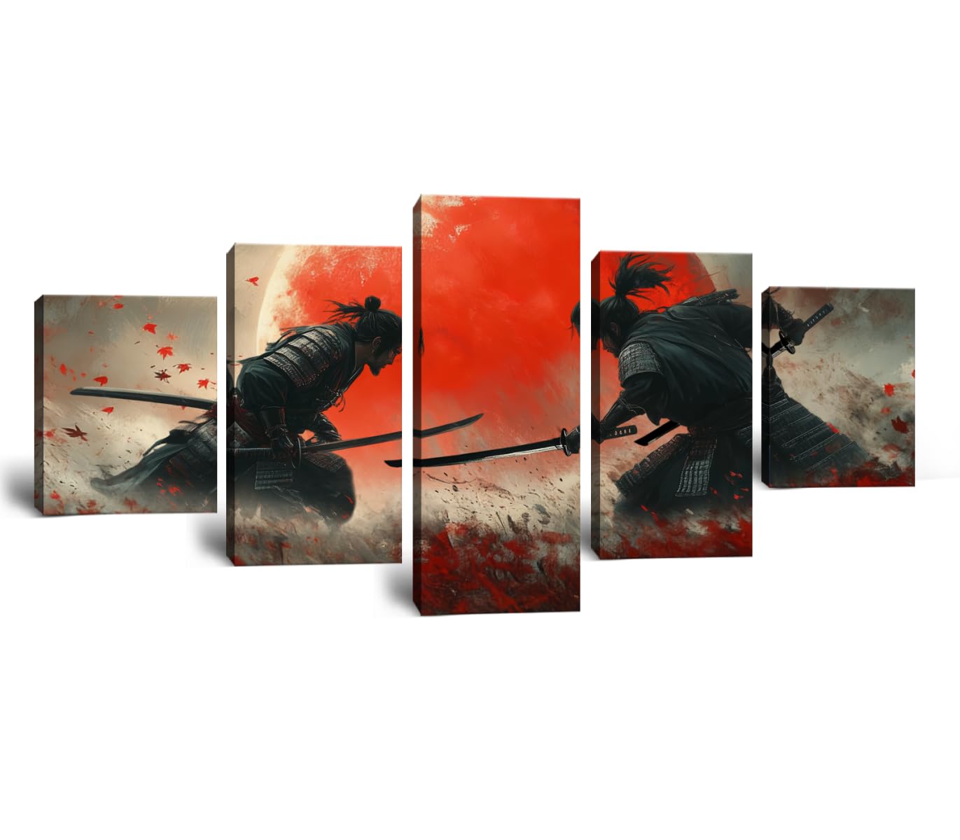 Warrior Wall Decor Japanese Samurai Wall Art Prints Black and White Vintage Asian Cultural Pictures Bushido Canvas Prints Full Moon Painting Artwork Framed Ready to Hang 5 Pieces 60''W x 32''H
