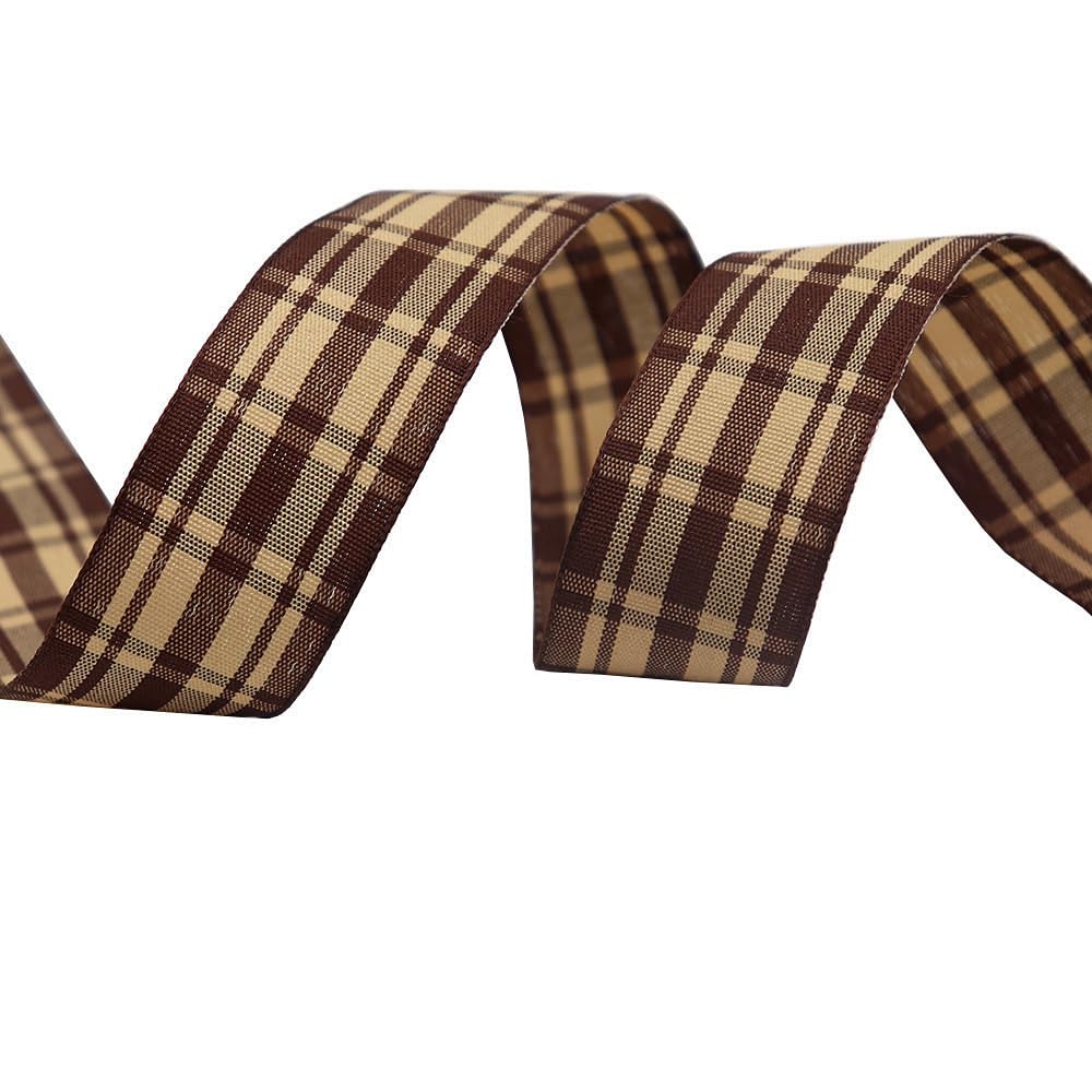 Tartan Ribbon, 25mm x 9M Black Watch for Christmas Valentine's Day Scene Decoration(Coffee Yellow)