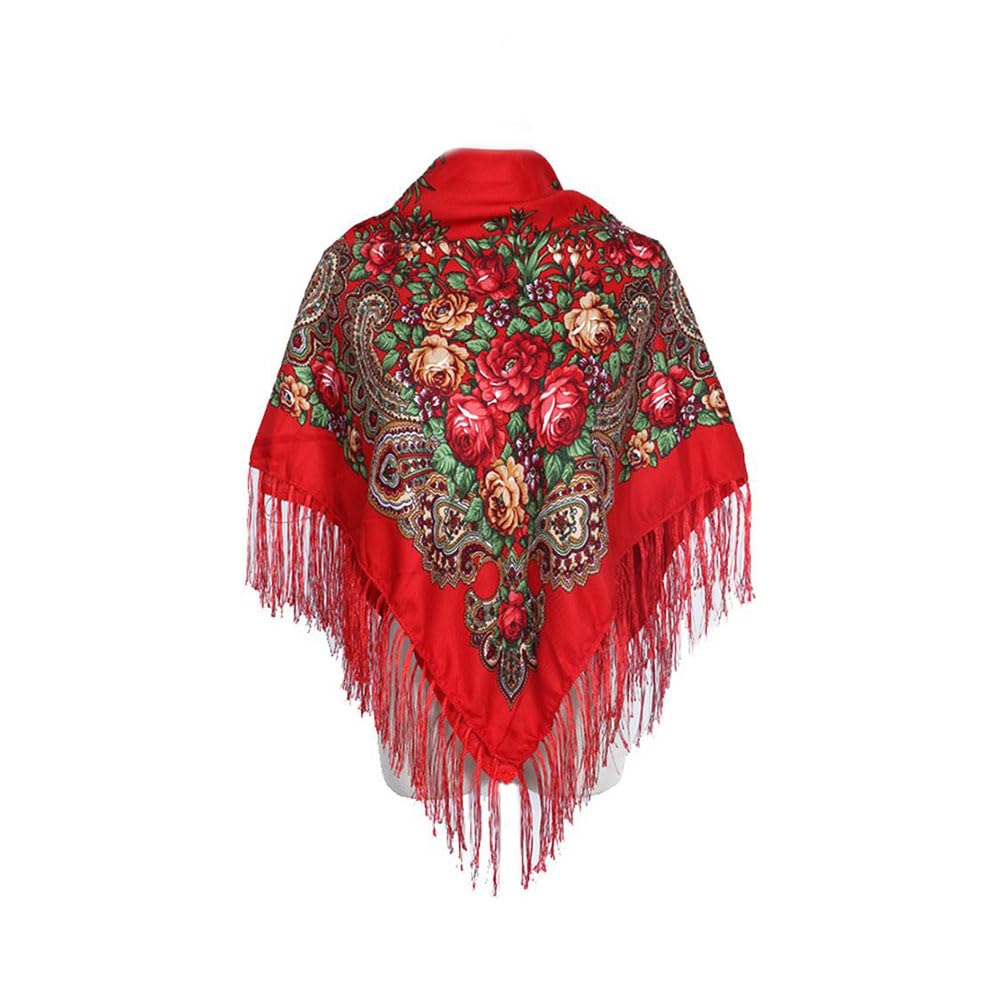 LeadigolLarge Square Shawl and Wraps, Cotton Long Tassel Scarf, Women's Traditional Retro Shawl with Floral Printing, Red, One Size