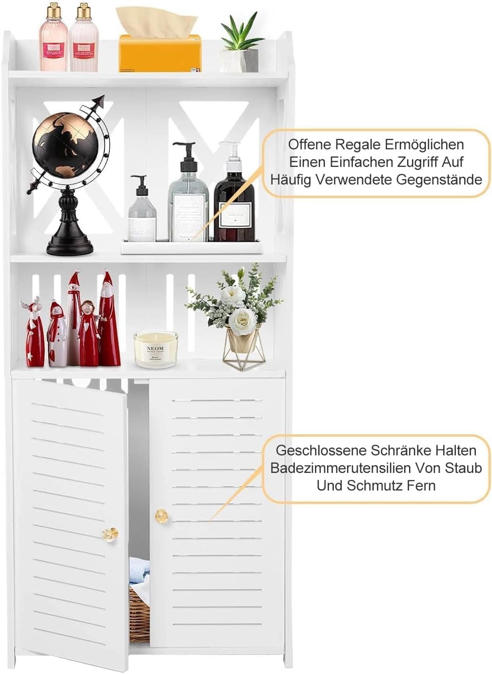 Wasserdichter Badezimmerschrank mit offenen Regalfächern Weiß | Freistehender, 3-stufiger Aufbewahrungsschrank für Bad, Küche, Wohnzimmer und vielseitigen Einsatz im Haushalt