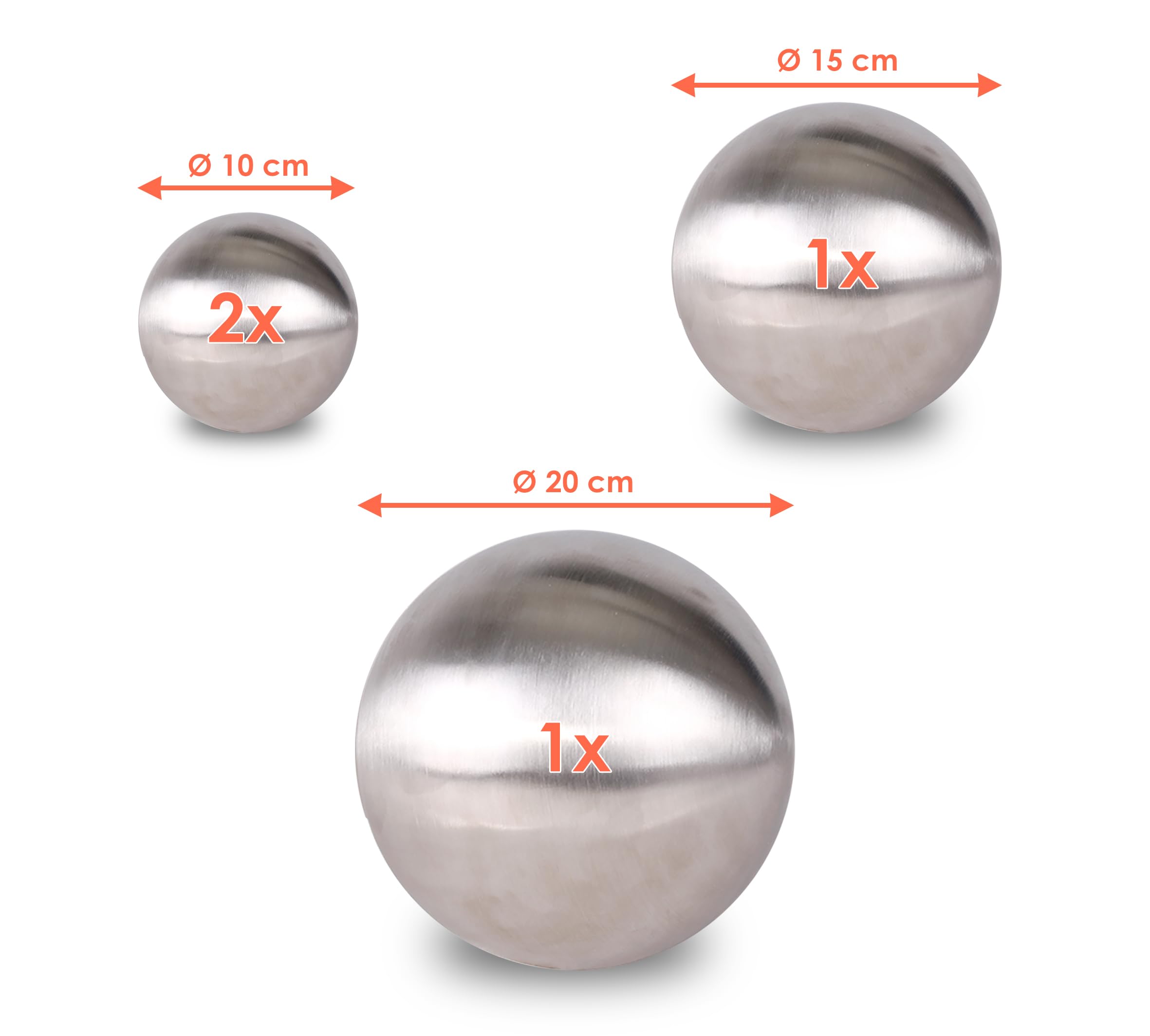 Juego de 4 bolas de jardín de acero inoxidable cepillado mate – 10/15/20 cm – Bola hueca decorativa de metal plateado – Decoración de metal redonda