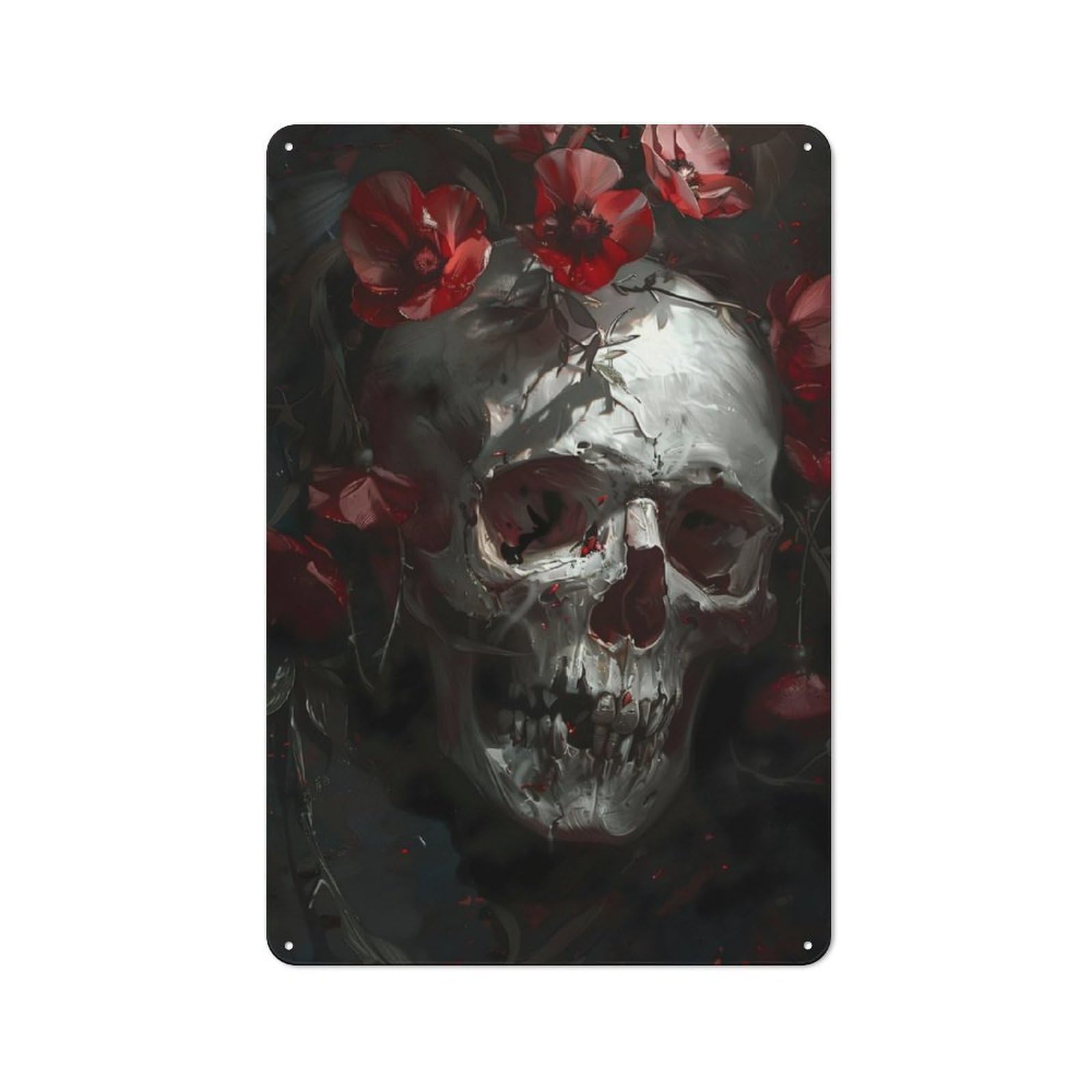 Junmoney Skull Red Flowers Vintage Tin Wall Plaque 30X20cm For Workshop Wall, A Decorative Christmas Gift For Makers And Diy Enthusiasts