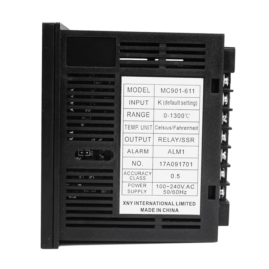 MC901-611 - Regulador de temperatura digital, 0-1300 °C, alta precisión, entrada universal (K/J/T/E/S/R/B/Pt100/Cu50), montaje en panel frontal con alarma y salida de relé para armarios industriales