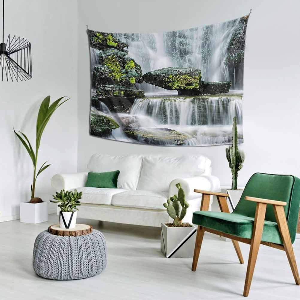 Waterfall Decor Soft Tapestry Medium （60x50 Inch） Majestic Waterfall Blocked with Massive Rocks with Moss on Them Easy to Hang Green Black and White
