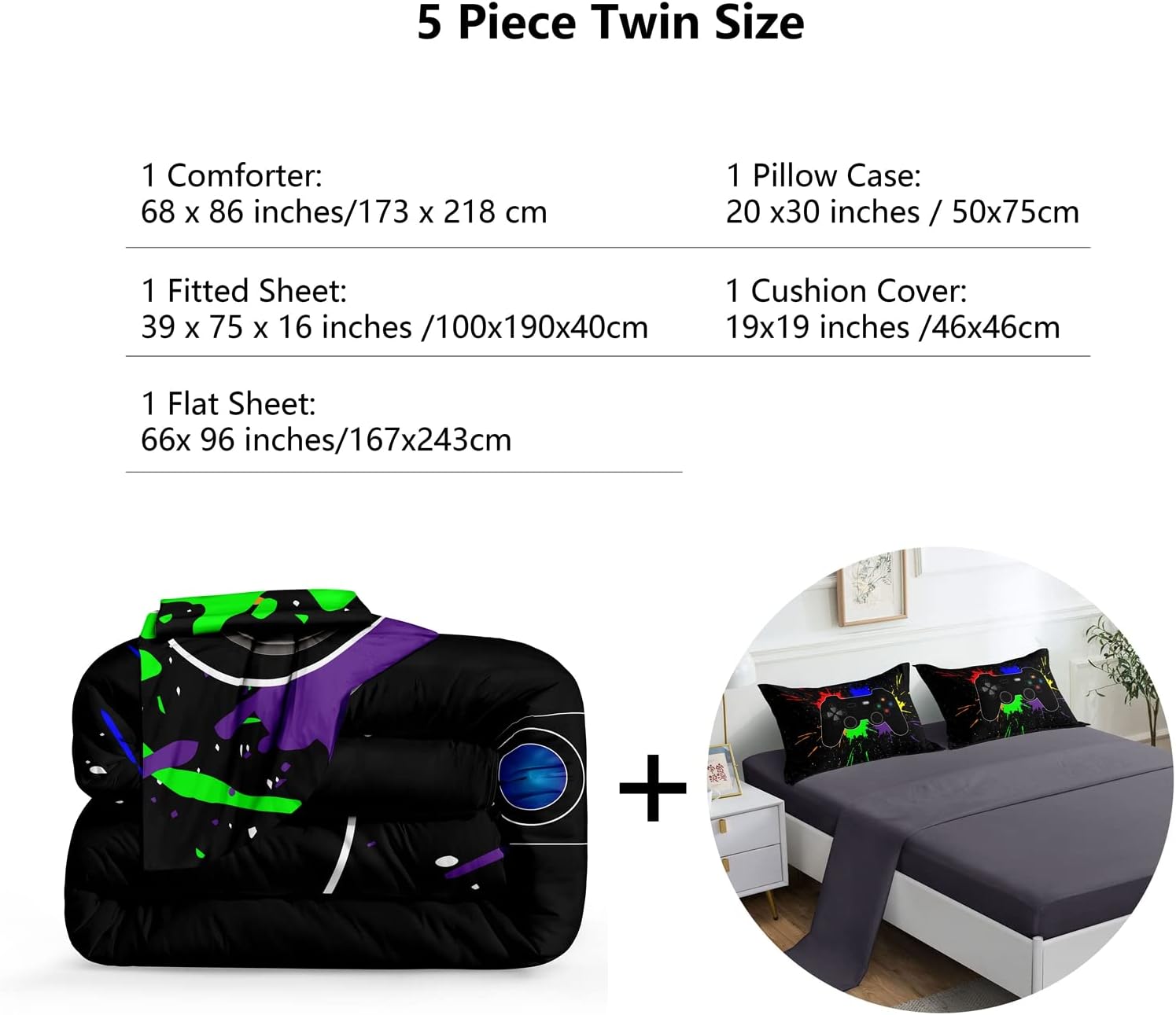 ROWADALO 5 Pieces Gaming Bedding Set for Boys Gamer Comforter Set Twin Size,Game Controller Comforter for Boys Kids Adult 3D Gamepad Microfiber Bedding Sets 5 Pieces Bed in A Bag,DJT H5001 Twin - Image 3