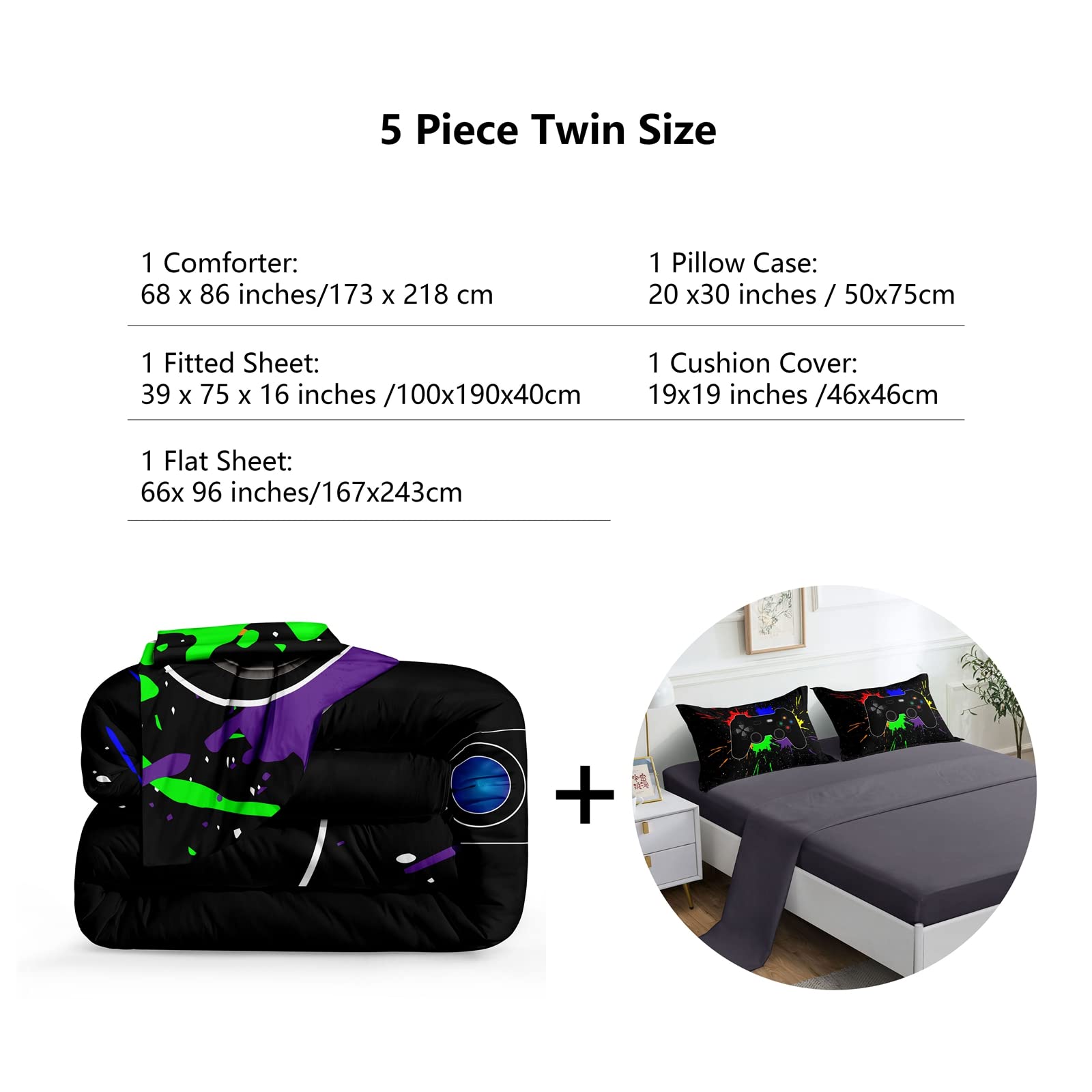 Set Biancheria Da Letto Gamer 5 Pezzi Twin – Piumino 173x218 Cm Con Controller 3D | ROWADALO - 3