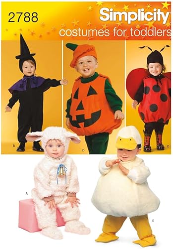 Simplicity 2788 Patrón de costura de cordero, pollito, bruja, calabaza y dama para niños pequeños, disfraz de Halloween, tallas A 12-4