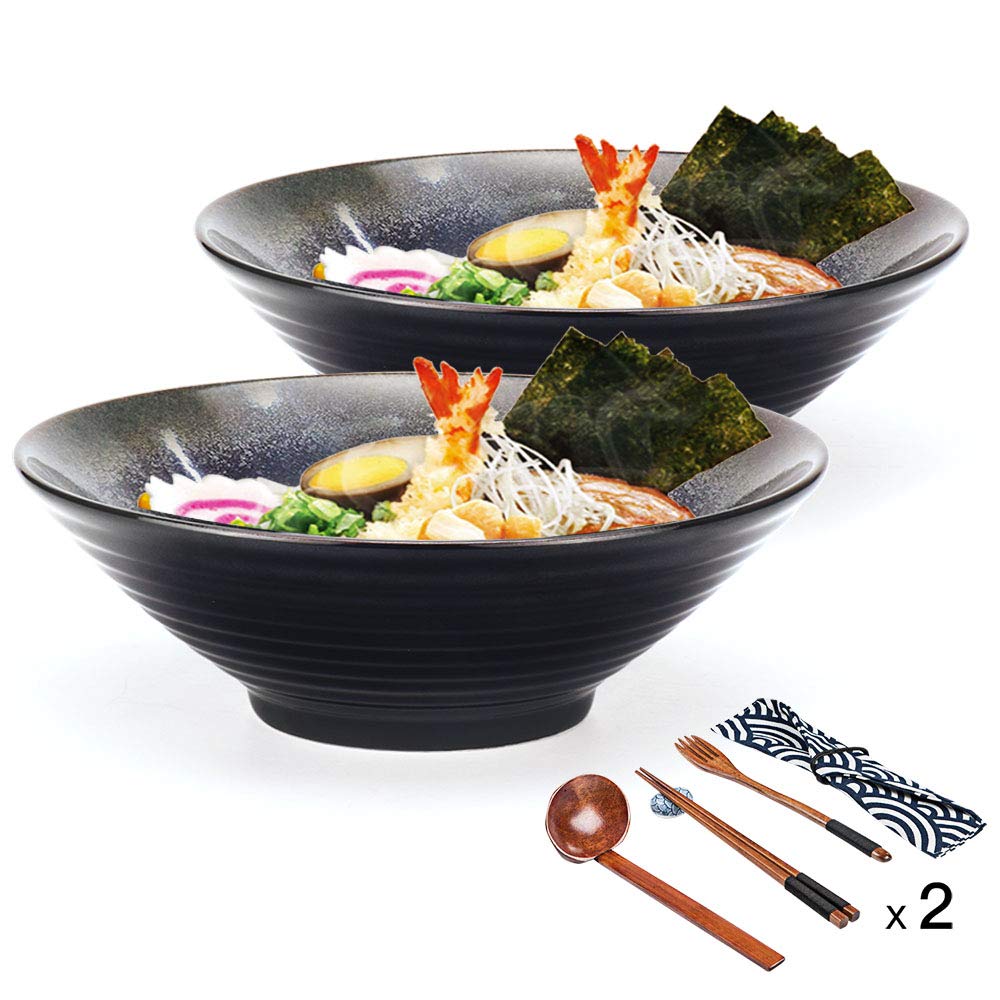 Genérico Tazón de Porcelana para Sopa de Fideos Ramen con Palillos y cucharas, 2 tazones japoneses Grandes de 900 ml para Udon, pho, Pasta y ensaladas, tazones para Cereales y Fideos.