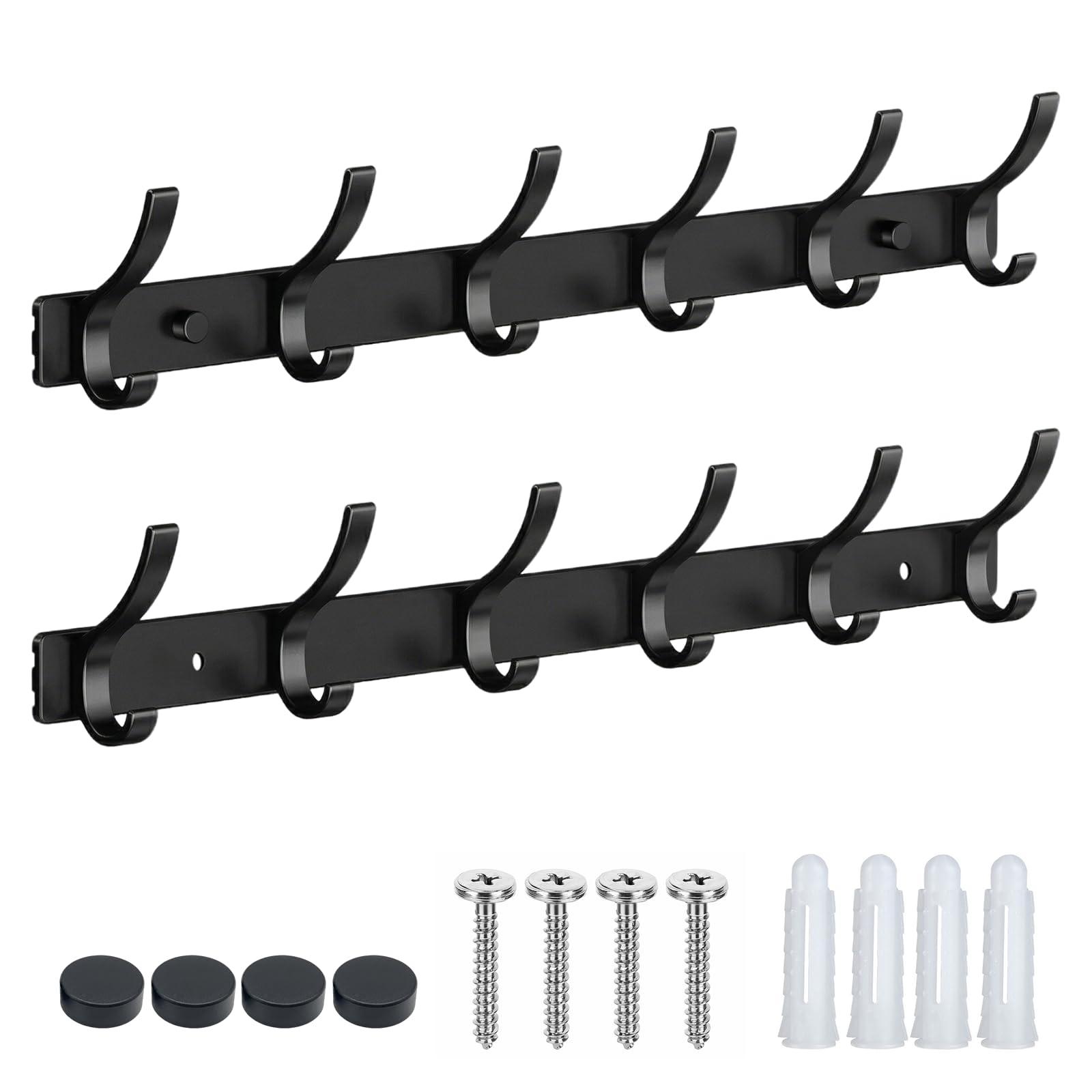 Sythrix 2 Pack Black Coat Hooks Wall Mount - 6-Hook Coat Rack with Screws & Anchors, Heavy-Duty Wall Hanger for Entryway, Bathroom, Kitchen