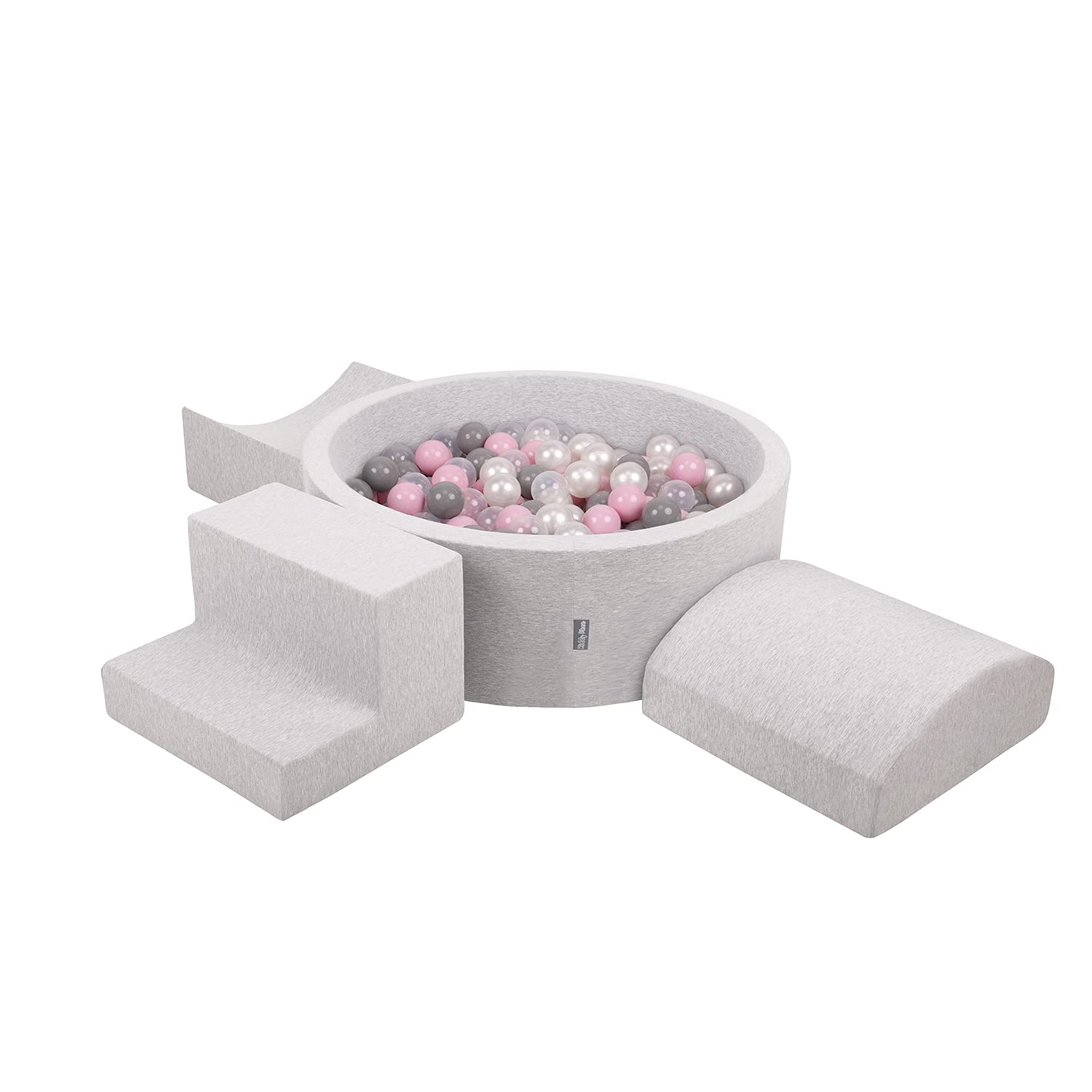KiddyMoon Area di Gioco in Schiuma con Tondo Piscina di Palline (200 Palline) per Bambini, Grigioch:Perla/Grigio/Trasparente/Rosa Chiaro