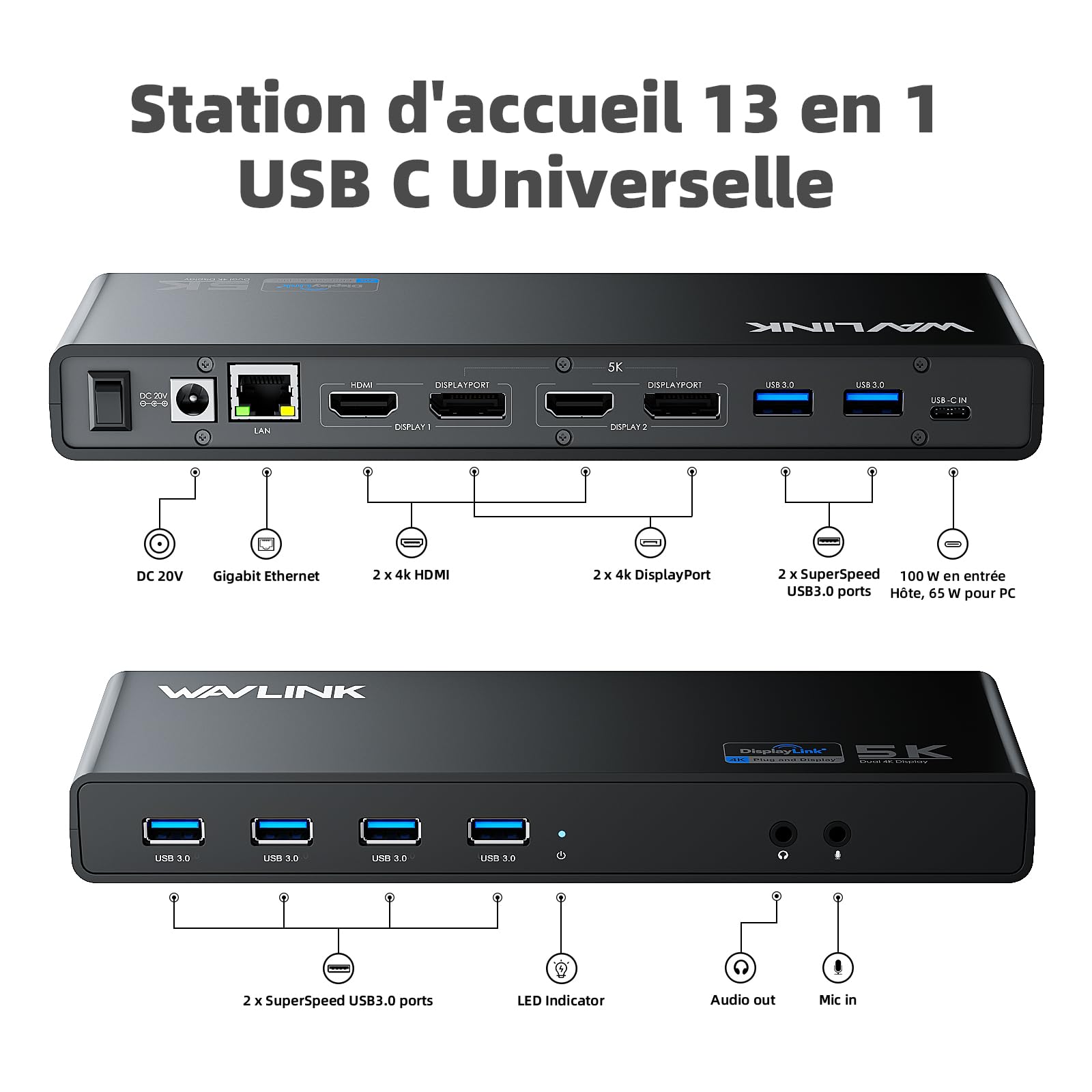 WAVLINK Displaylink USB C Station d'accueil Universelle avec 2 x HDMI & DP 65 W PD, Gigabit Ethernet, 6 × USB 3.0, Audio, Microphone, Compatible avec Mac OS et Windows