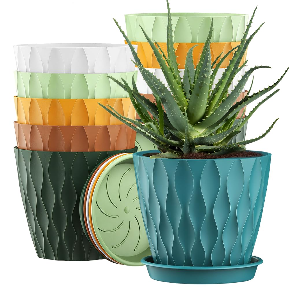 Gobesty 10CM Plant Pots, 12 Pack Plastic Flower Pots with Drainage Holes and Saucer, Wave Pattern Garden Plant Pots, Modern Decorative Small Planter Pot for Succulent and All House Plants (Colorful)