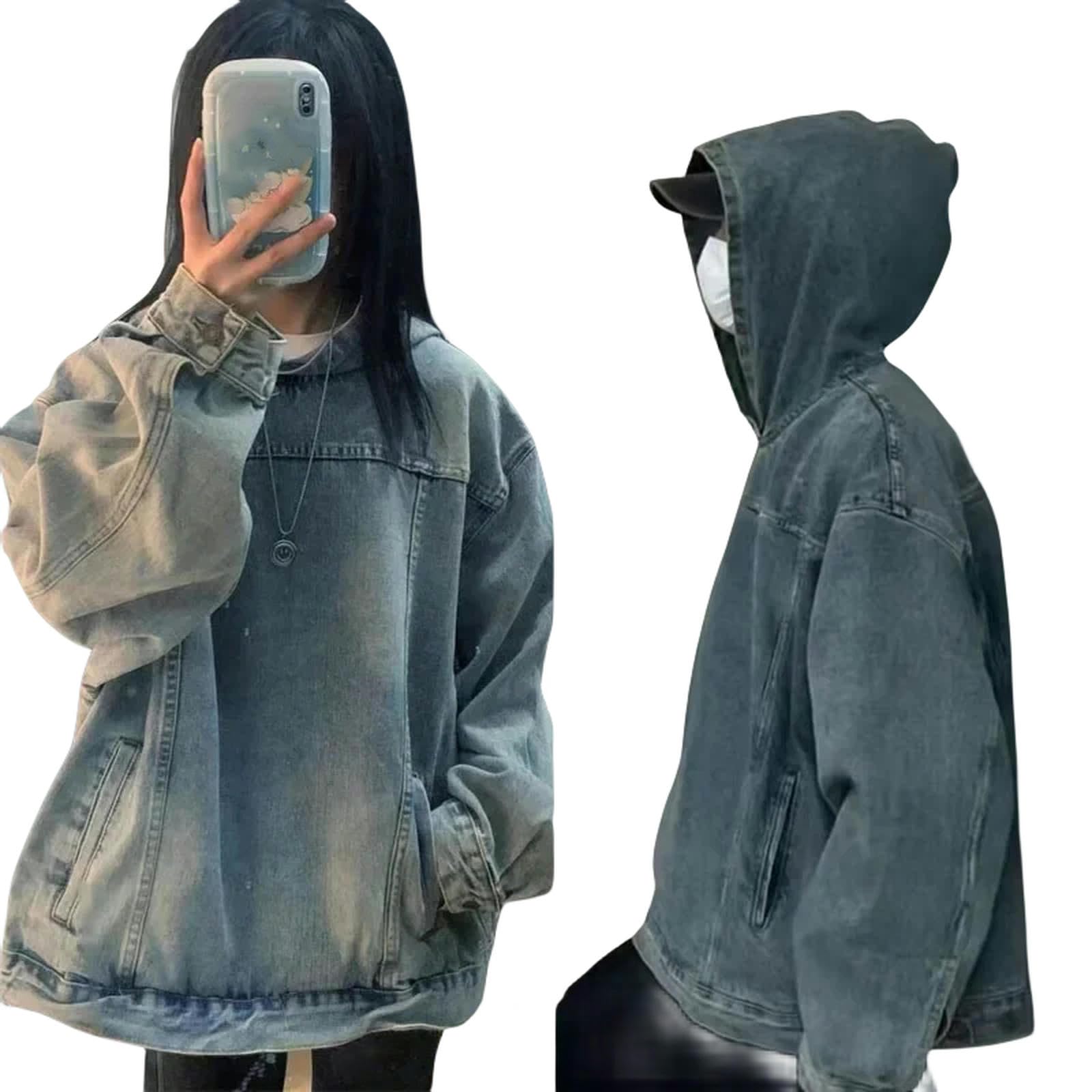 Giacca Uomo Gia A con Cappu Io in Denim Uomini Donne Sciolte di Felpa Vintage Casual Venata Lavata in Denim Autunno