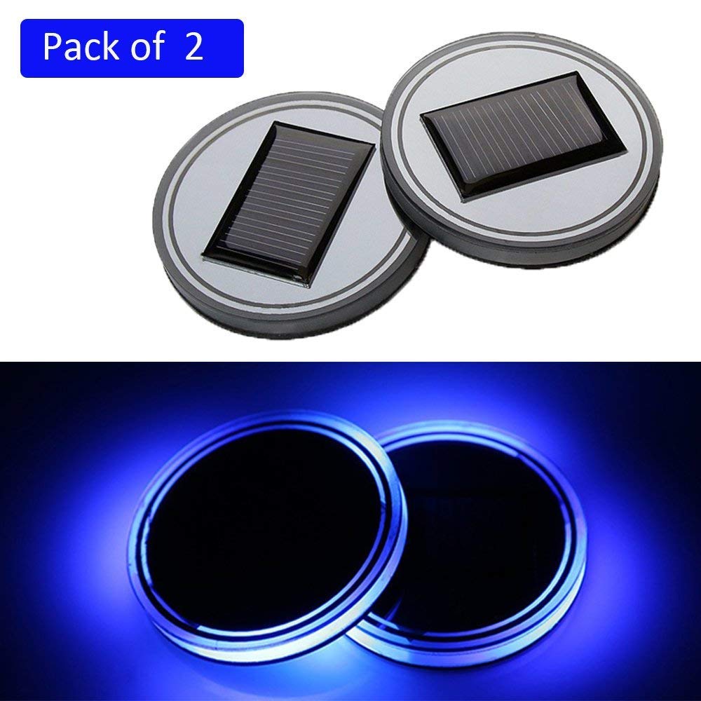 Youngine 2 Pack Solare LED Car Holder Tappetino Pad Impermeabile Bottiglia Bevande Coaster Luce incorporata e sensore di Vibrazione Auto Decorazione Lampada Luce (Blu)