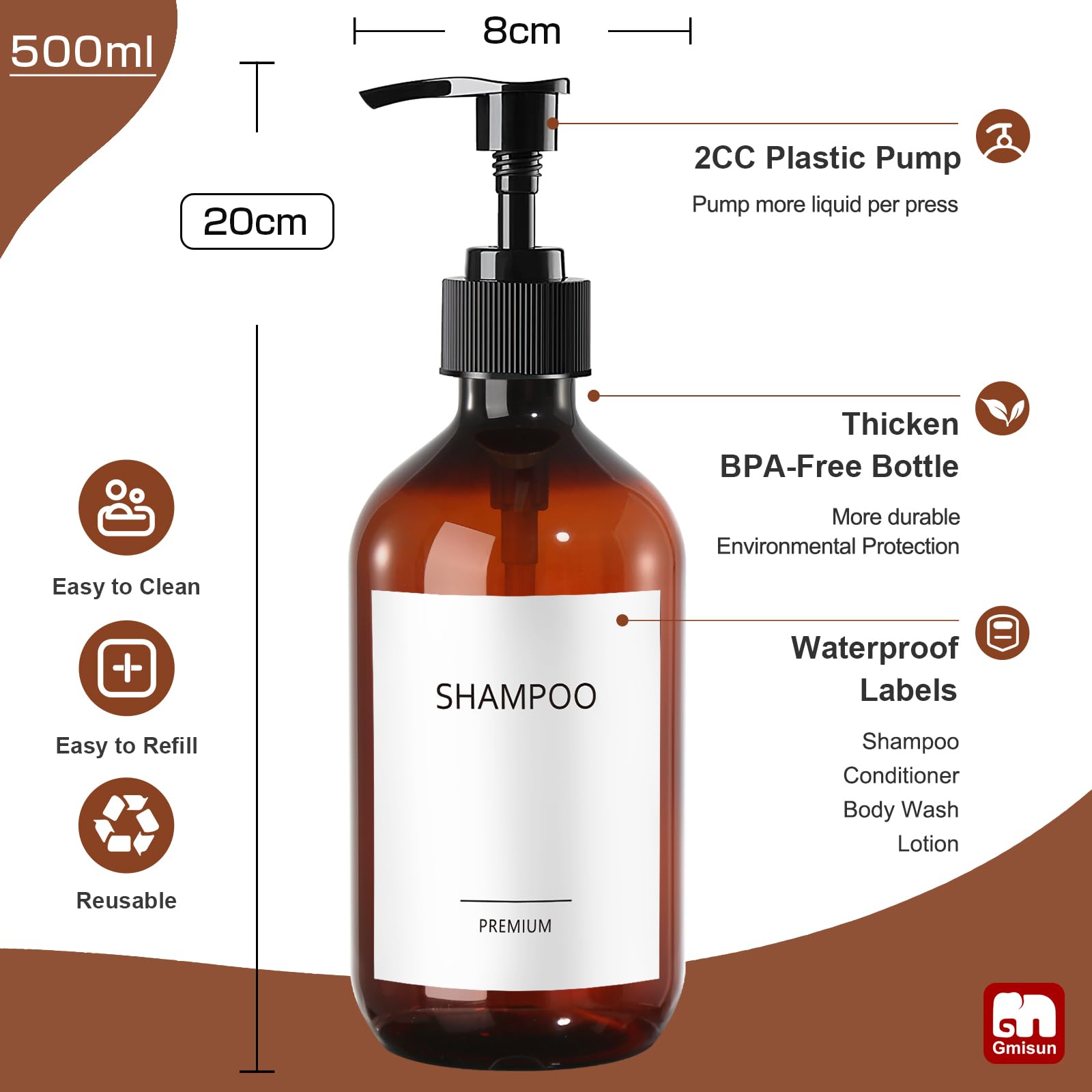 GMISUN Shampoo and Conditioner Dispenser, 500ml Plastic Amber Soap Dispenser for Bathroom 3Pcs Shower Gel Dispenser - Image 2