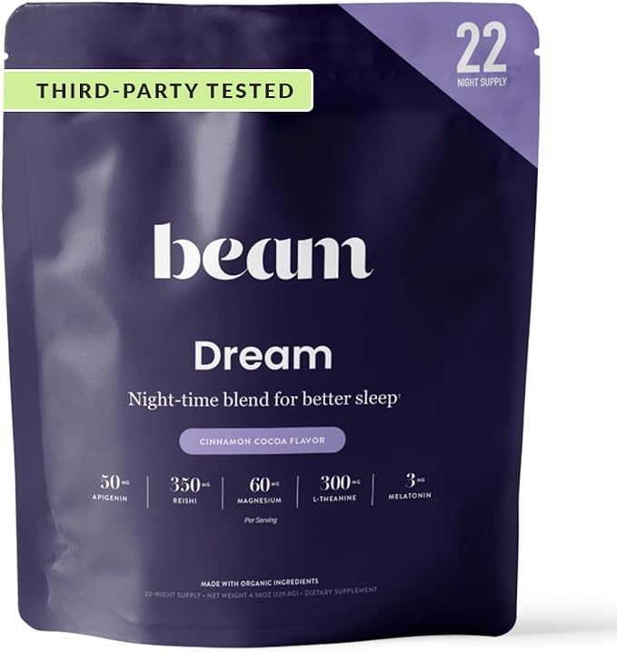 Beam Dream Sleep Powder, L-Theanine, Apigenin, Reishi and Magnesium, Third Party Tested Natural Sleep Aid & Sleep Supplement for Deep Sleep, Relaxation and Recovery, Natural Sleep Support, 22 Servings