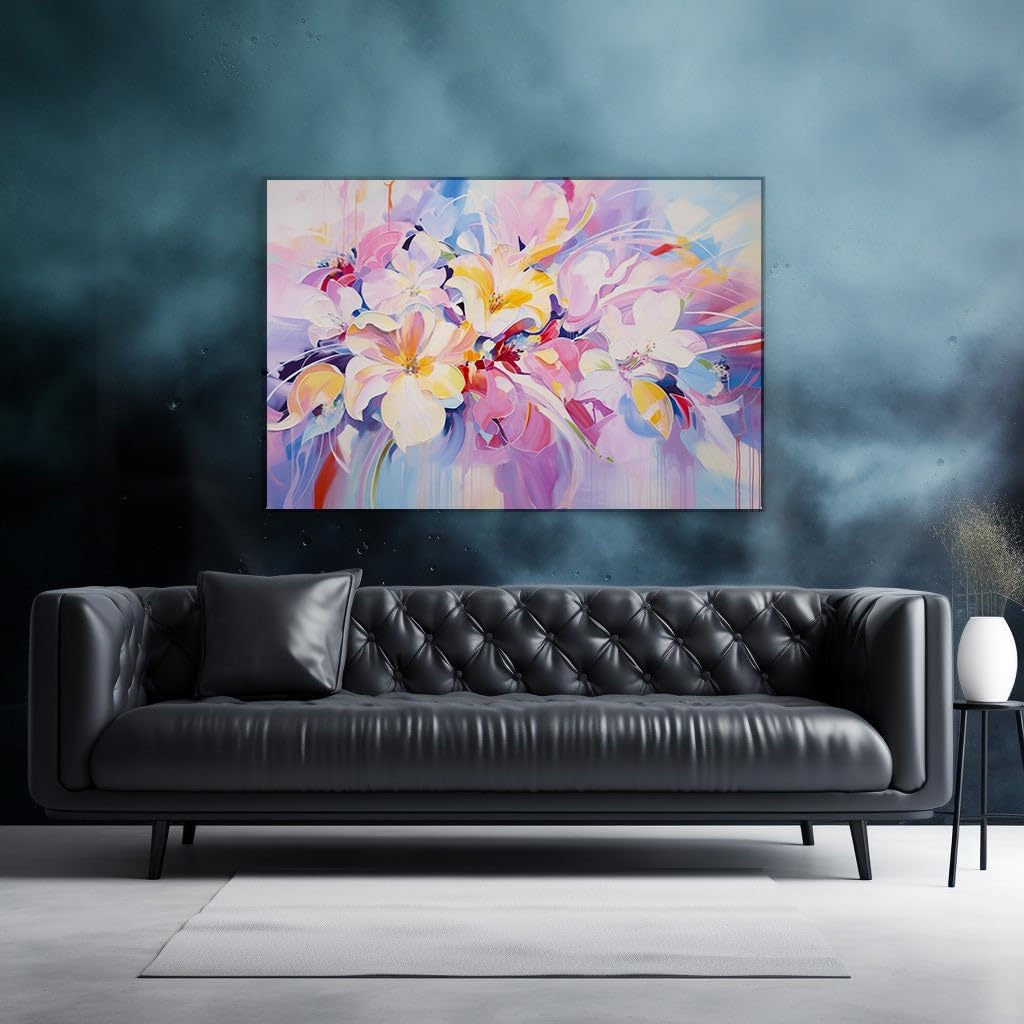 Canvas for Living room. Blossoming Vitality - A Symphony of Floral Hues and Energetic Brushwork, 27 x 18 inch Canvas Wall Art - Contemporary Masterpieces - Botanical Home Decor - 69x46 cm (27x18 inch)