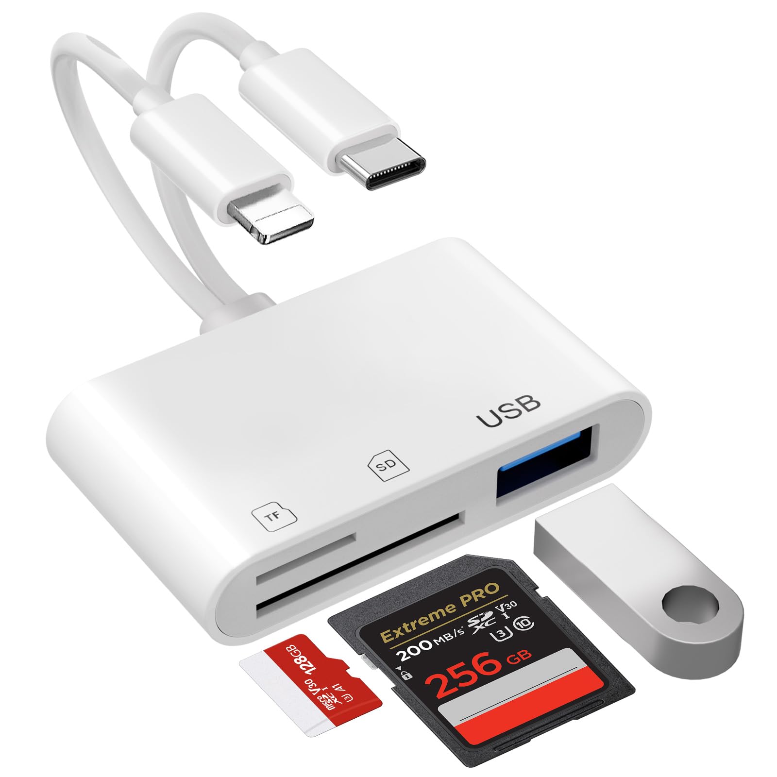 5-In-1 SD Kartenleser für iPhone und Android – Lightning/USB-C SD/TF Speicherkartenleser mit USB OTG Anschluss, Kamera SD Kartenleser USB C für iPhone 17/16/15/14/13/12/11, iPad, Samsung, Android usw