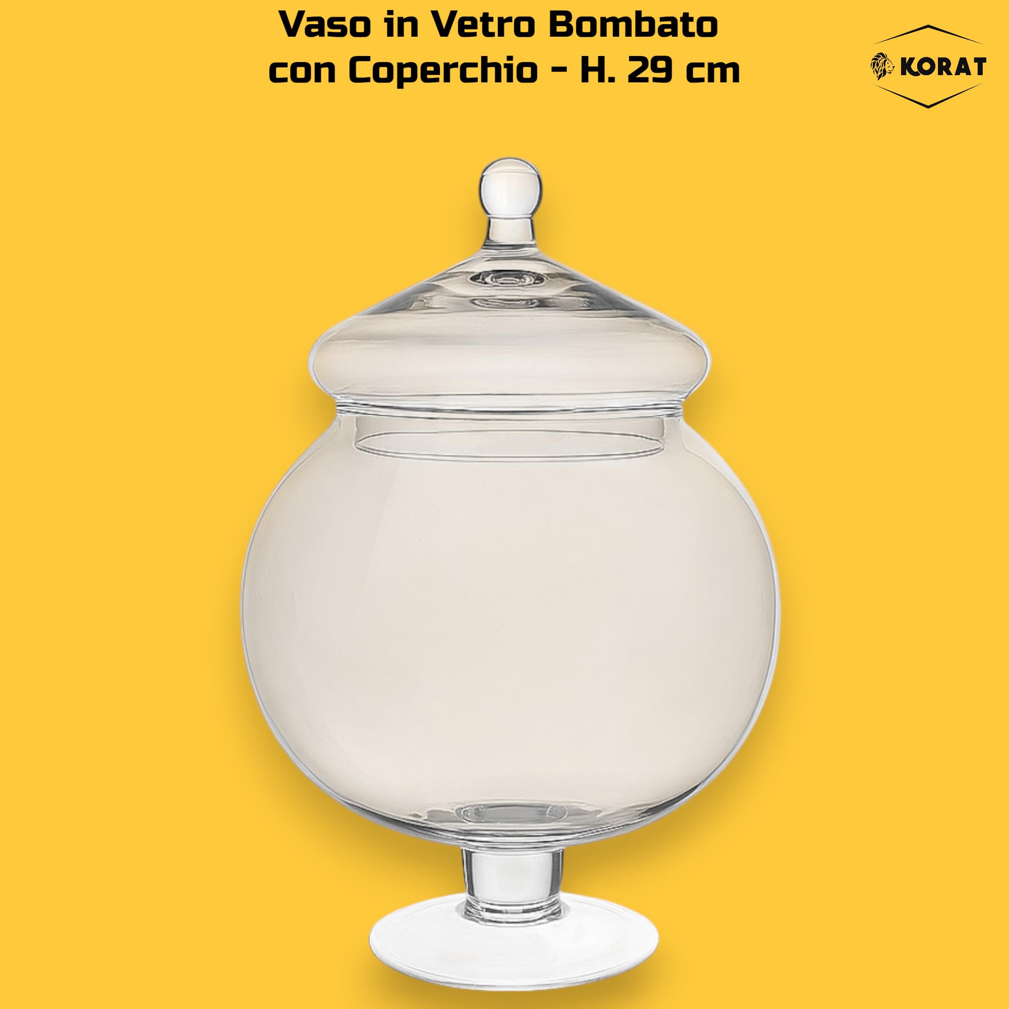 KORAT Barattolo Bombato in Vetro Trasparente con Coperchio 21x21x29 cm Contenitore Elegante in Vetro Soffiato per Caramelle, Decorazioni o Eventi Design Classico con Piedistallo