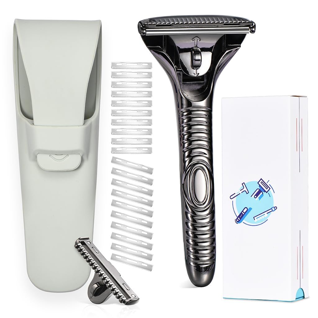 Magnetic Safety Razor for Men, Single Blade Face Shaver with 2 Interchangeable Heads, Smooth Roller Design, Durable Metal Safety Razor Kit with 20 Blades - Black