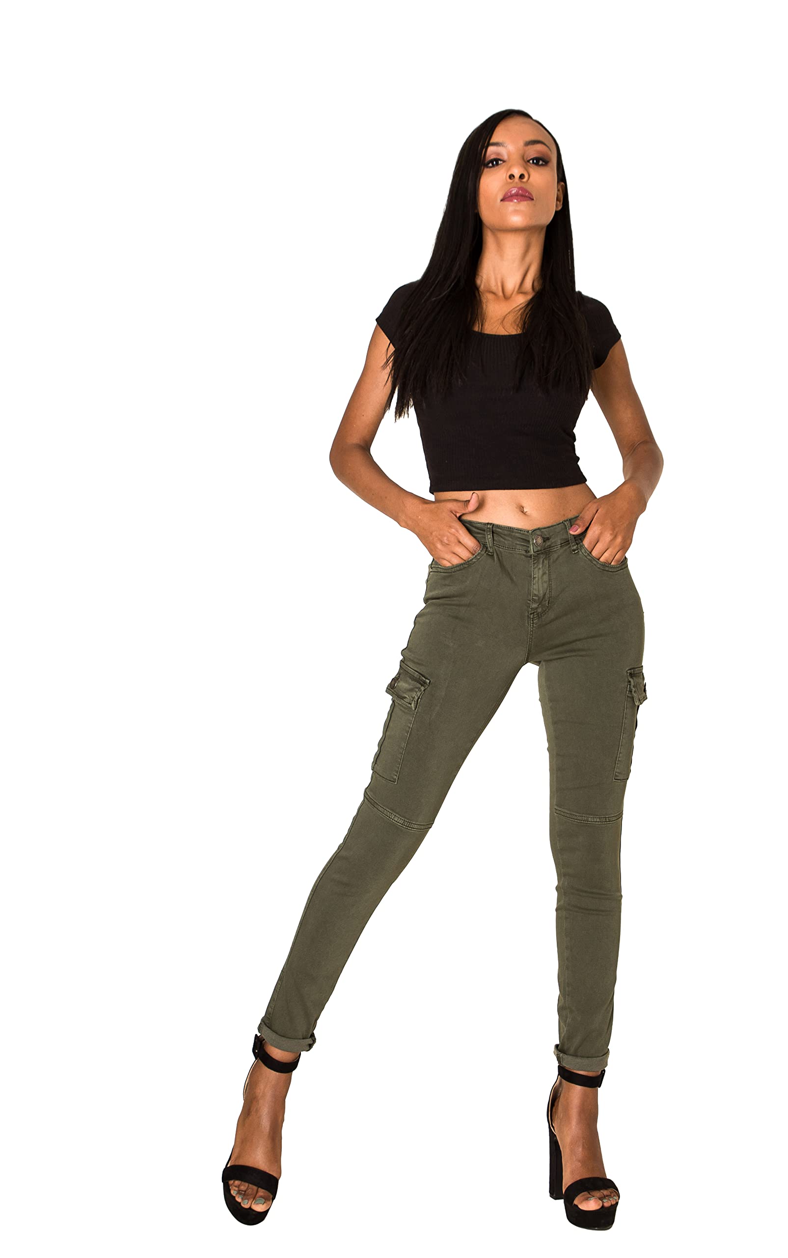 Nina Carter S353 - Pantaloni cargo da donna, skinny fit, jeans cargo, jeans elasticizzati, look usato