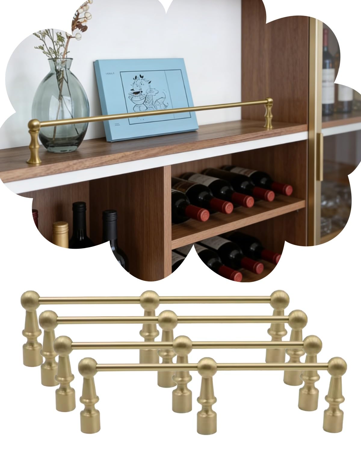 MESCXTY Unlacquered Brass Gallery Rails for Bookcase Shelves, Multi Pack Shelf Railing Brackets with Posts, Tipping Spindles Holders(4 Pack,52in/132cm)