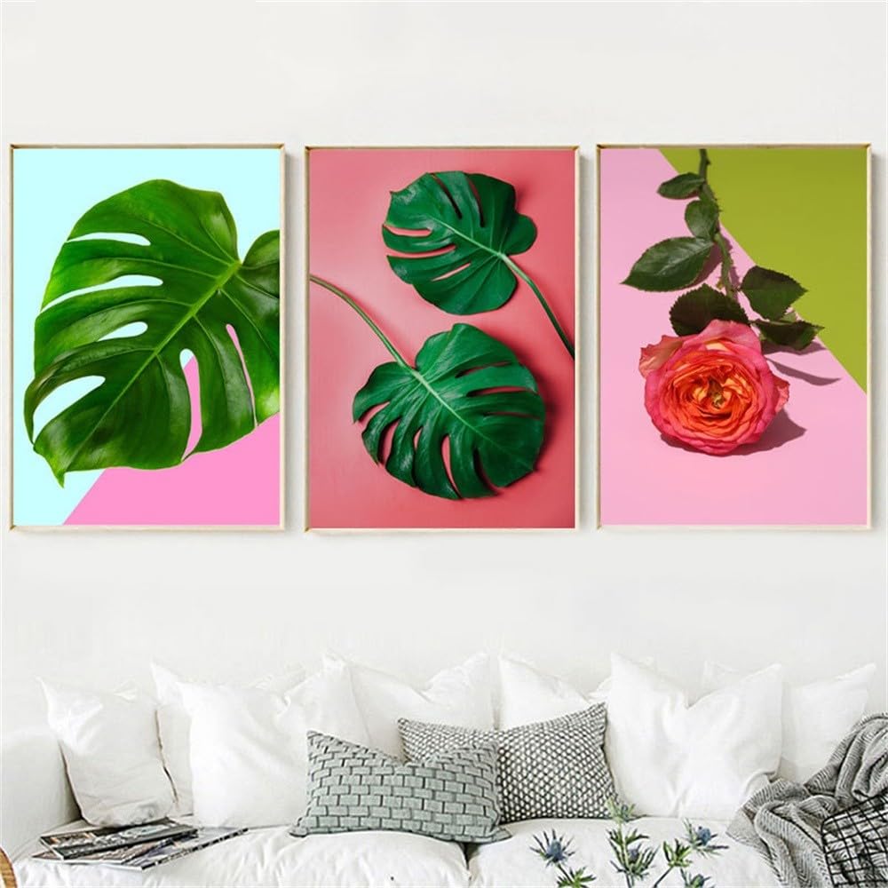 Wbyzac Green Wall Pictures-Abstract Color Leaves Posters Wall Pictures Canvas Prints Modern For Living Room Bedroom Kitchen Home Decoration Picture Artwork-40 * 50Cm*3Pcs (No Frame)
