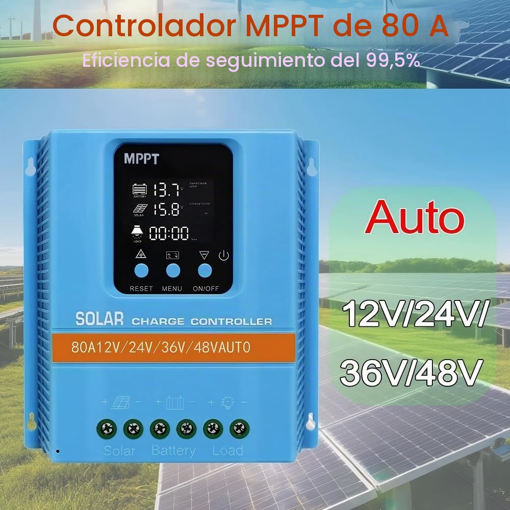 Regulador Solar 80A Inteligente, Detección Automática 12V/24V/36V/48V, Entrada Máx. 100V PV, Pantalla LCD, Doble USB, para Baterías Plomo-Ácido/Litio (LiFePO4)