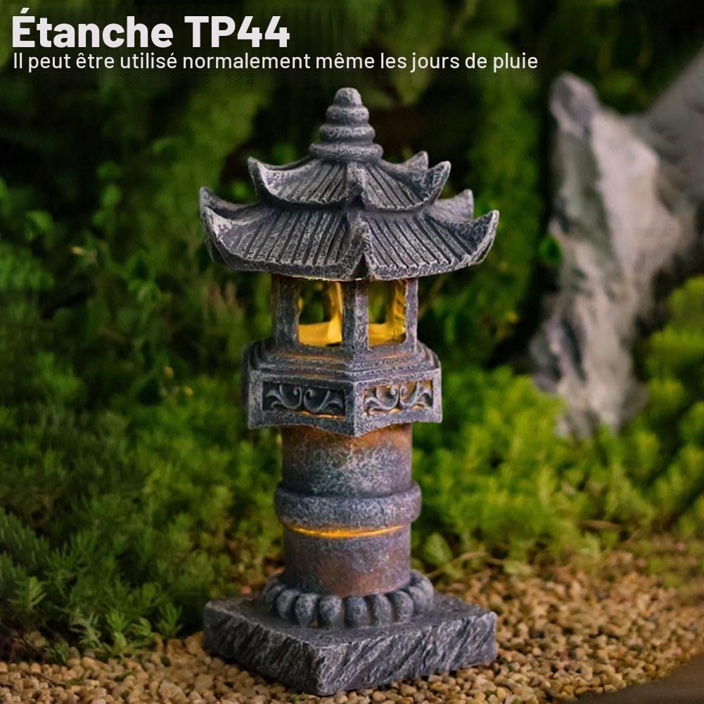 Statue de jardin solaire - Lanterne zen en résine aspect pierre IP44 - Étanche - Pour extérieur, cour, patio, pelouse, décoration japonaise