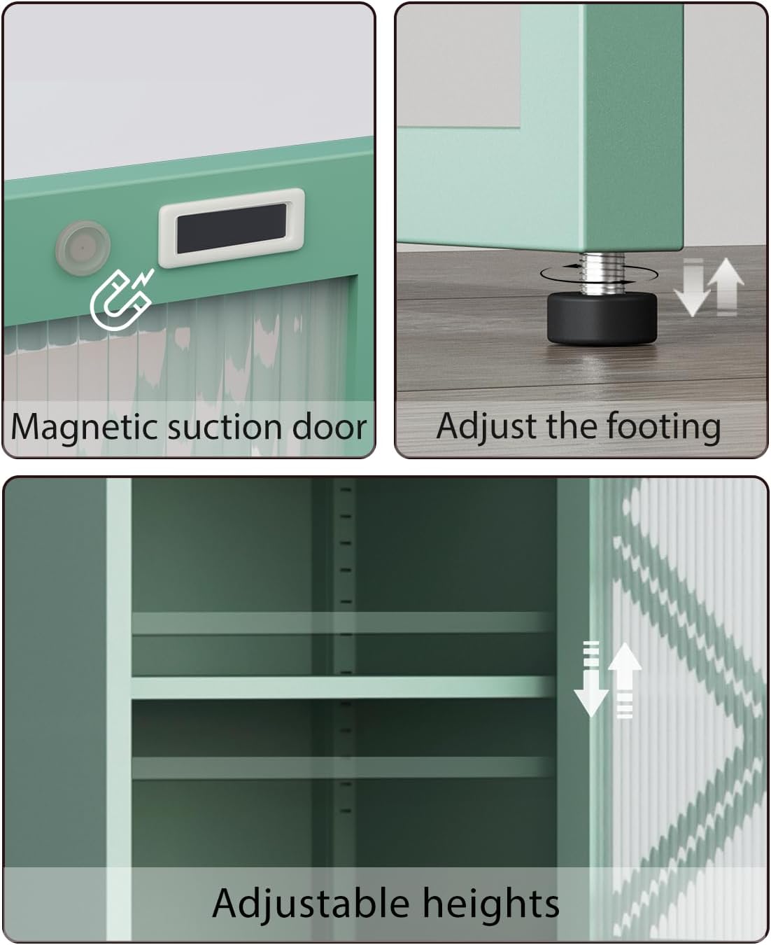 Metal Storage Cabinet with Adjustable Shelves, 42.54"H Freestanding Organizer for Pantry, Kitchen, Bathroom & Laundry Room, Strong & Rust-Resistant, Easy Assembly (Green+Transparent Door Panel)
