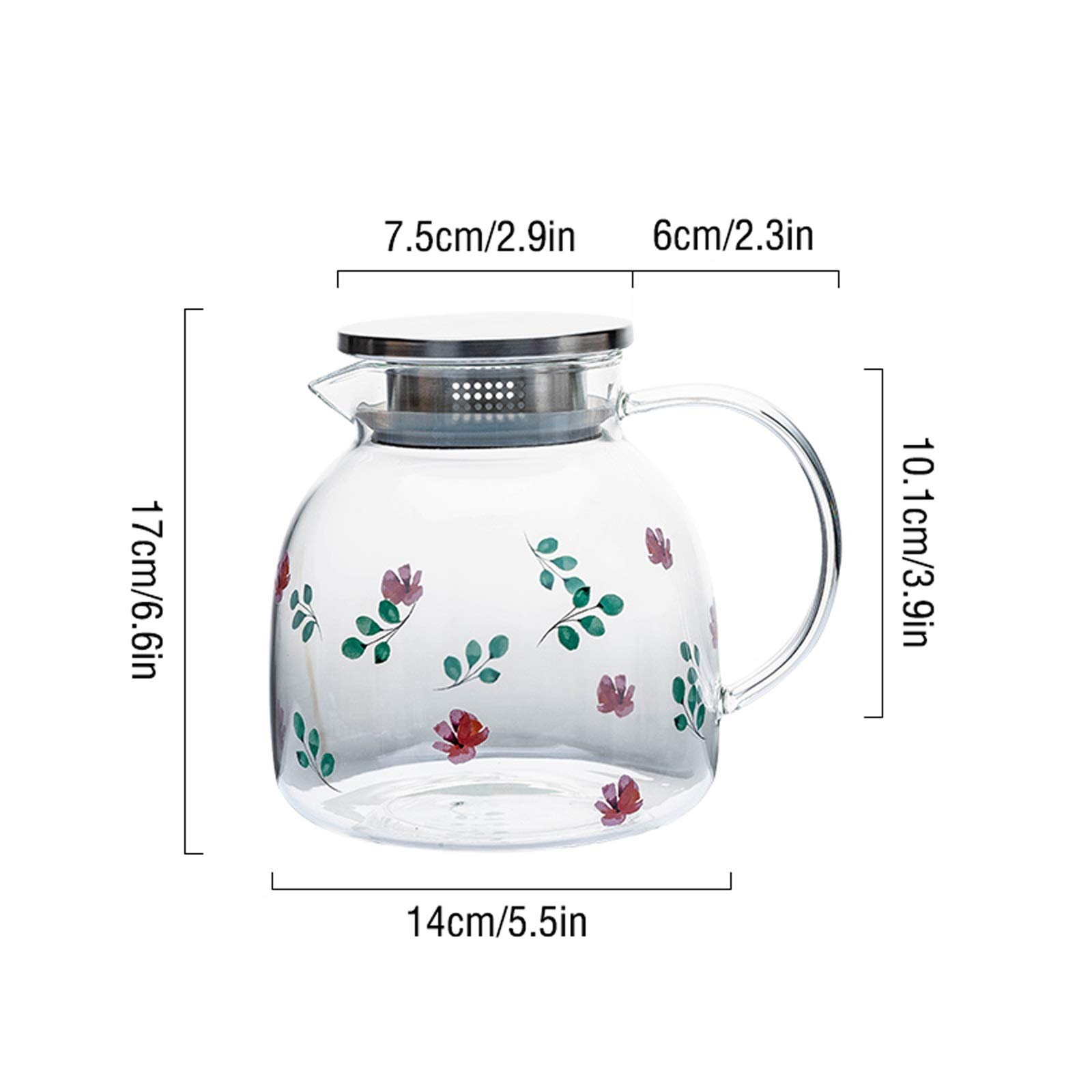 Pichet Le pichet en Verre de 50 oz avec Couvercle de Filtre en Acier Inoxydable La Carafe de Verre est en matériau Borosilicate Peut Supporter Une température élevée Pichets
