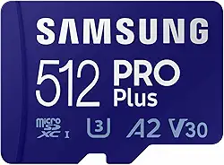 Samsung Cartão de memória microSD PRO Plus + adaptador, 512 GB microSDXC, até 180 MB/s, Full HD e 4K UHD, UHS I, C10, U3, V30, A2, para smartphones Android, tablets, GoPro e drone DJI (MB MD512SA/AM)