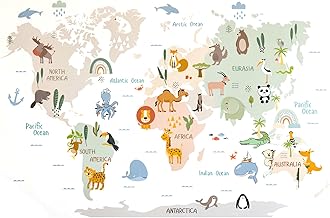 Mappa del mondo e Animali Stickers Murali Bambini, Mappa del Mondo Animali Adesivi Murali, Adesivo da Parete con Mappa del Mondo Degli Animali, Animal World Map Wall Stickers per Camerette Bambini