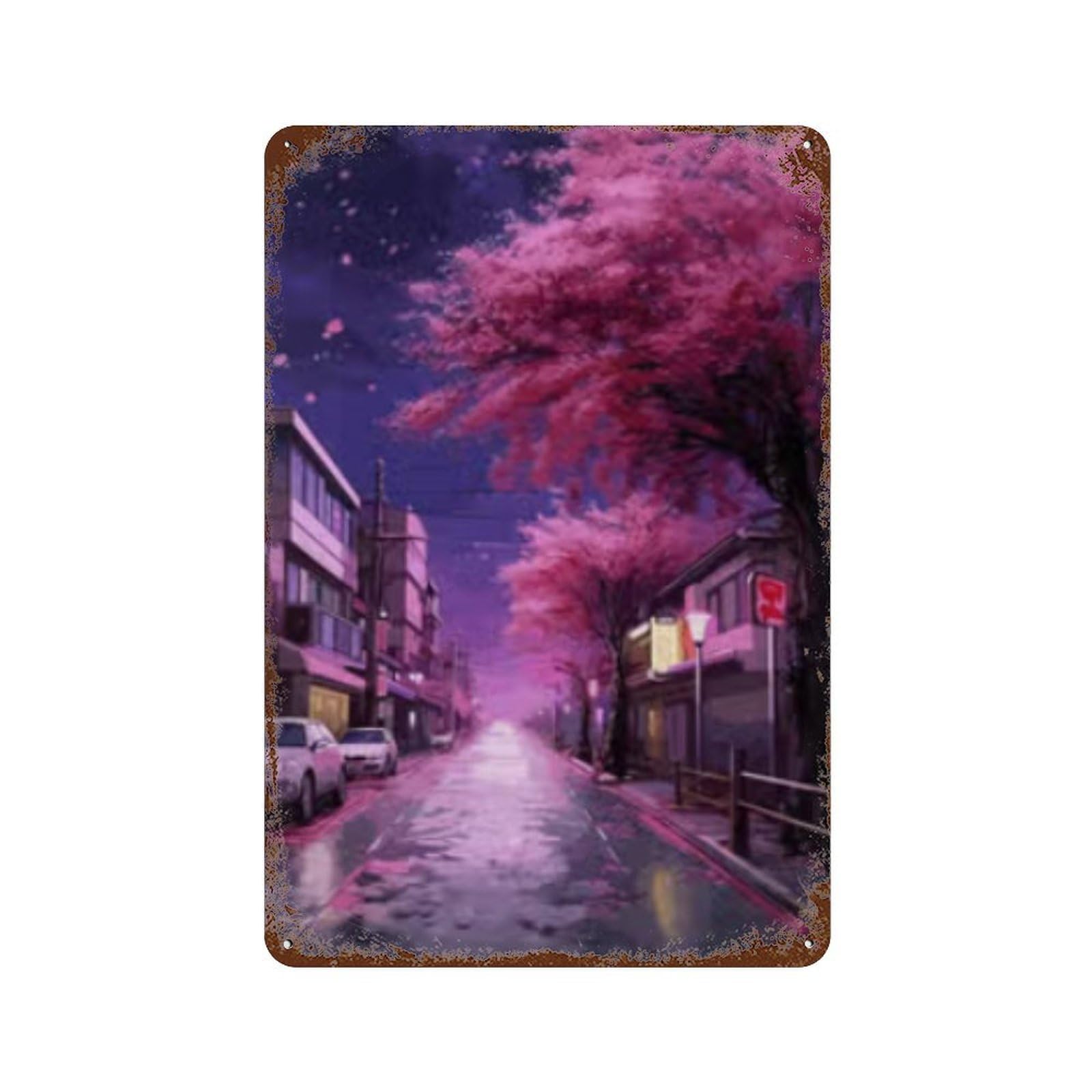 Aged Metal Wall Plaque with Cherry Blossom Street Scene Design 11.8"x7.9", for Shed, Workshop And Garage Wall Decor, Decorative Metal Wall Art