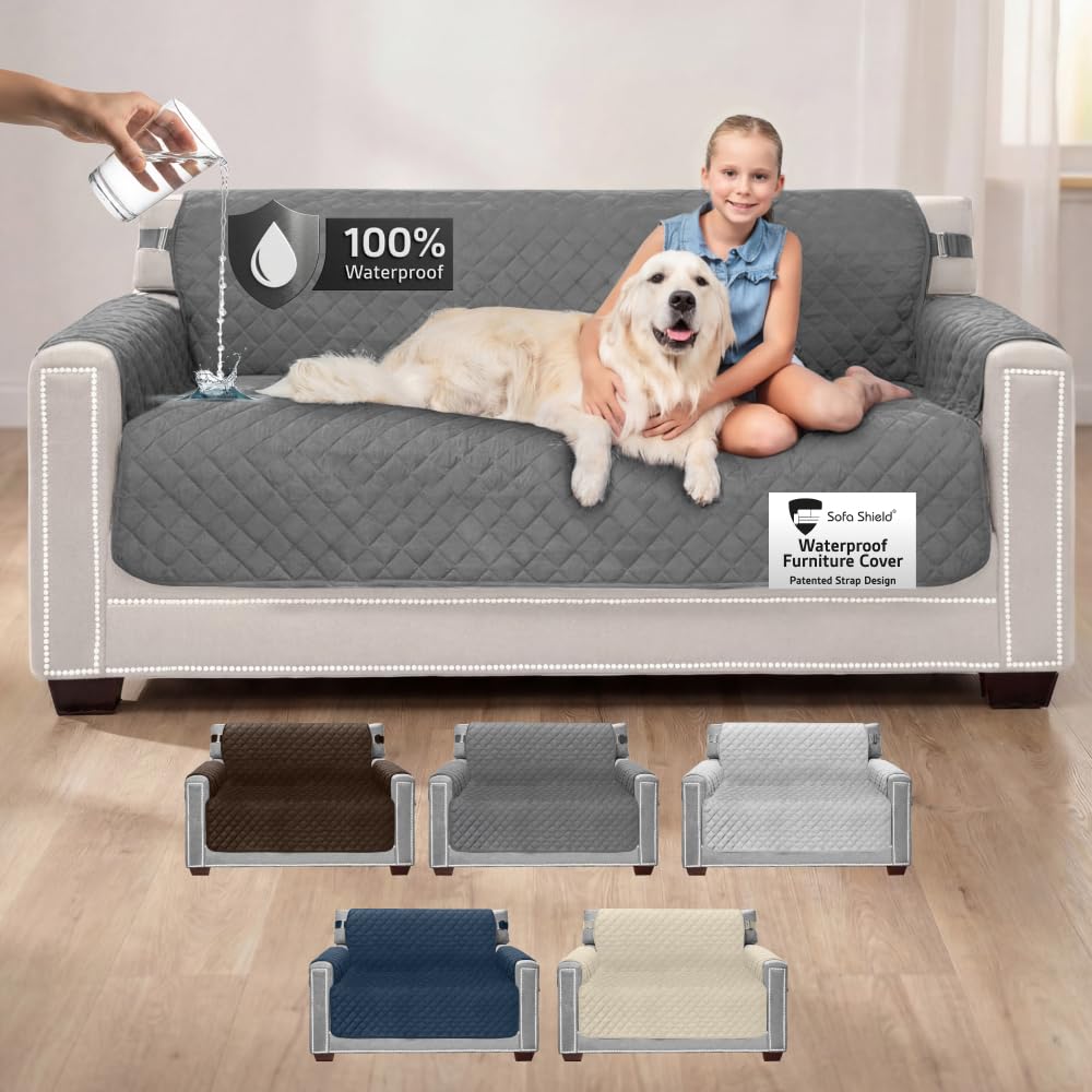 Sofa Shield 100% Waterproof Couch Cover, Patented Slip and Stain Resistant Cushion Protector Straps, US Designed Machine Washable Pet & Dogs Friendly