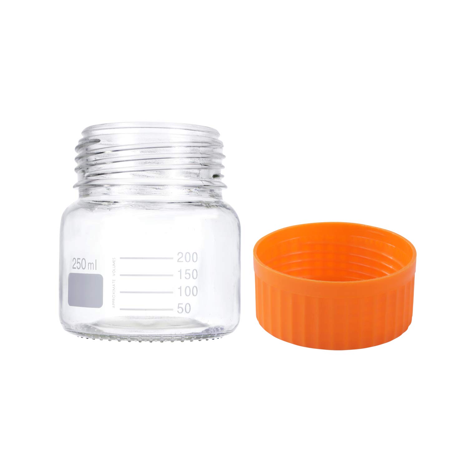 Pyrex - Paquete de 6 botellas de vidrio redondas graduadas de boca ancha de 250 ml con tapón de rosca de polipropileno naranja GL80