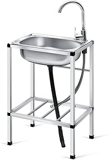 Tandefio Freestanding Outdoor Kitchen Utility Sink Set Stainless Steel Single Bowl Sink Commercial Restaurant Utility Portable Sink for Restaurant Cafe Bar Hotel Garage Laundry Room(Groovy)