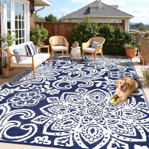 Findosom Waterproof Outdoor Rug 8' x 10' - Reversible Mandala Outdoor Plastic Straw Rug, Durable Foldable Patio Rug for RV, Deck, Balcony, Backyard, Picnic, Porch, Camping, Beach, Navy