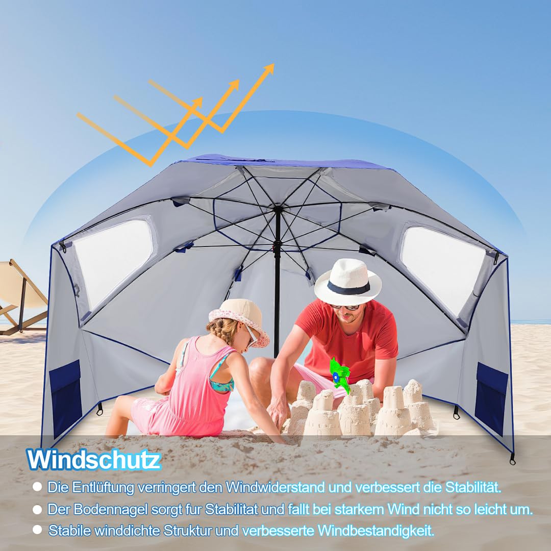 Parasol przeciwsłoneczny, namiot plażowy 2 w 1, UV50+, Ø 210 x 220 cm, dla 2-4 osób, składany, z oknem, śledziami i torbą do noszenia, ochrona przed wiatrem, na plażę, do ogrodu, na kemping