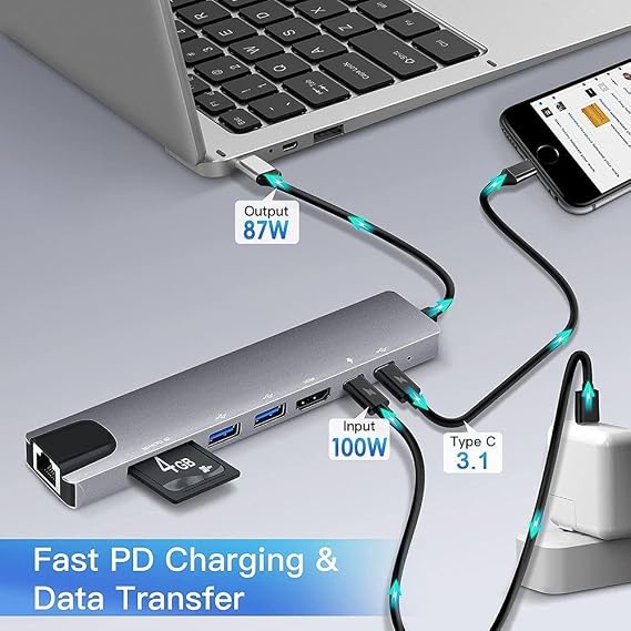Daytona CF-04 Macbook Uyumlu Type-C™ To 4K HDMI Tv Projeksiyon UHd 1080P 2* Type-C 3* USB SD/TF RJ45 Ethernet Lan 8ın1 Çevirici Hub Adaptör