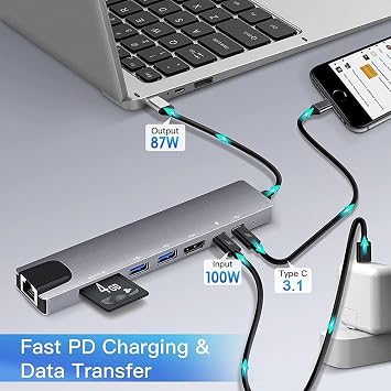 Daytona CF-04 Macbook Uyumlu Type-C™ To 4K HDMI Tv Projeksiyon UHd 1080P 2* Type-C 3* USB SD/TF RJ45 Ethernet Lan 8ın1 Çevirici Hub Adaptör
