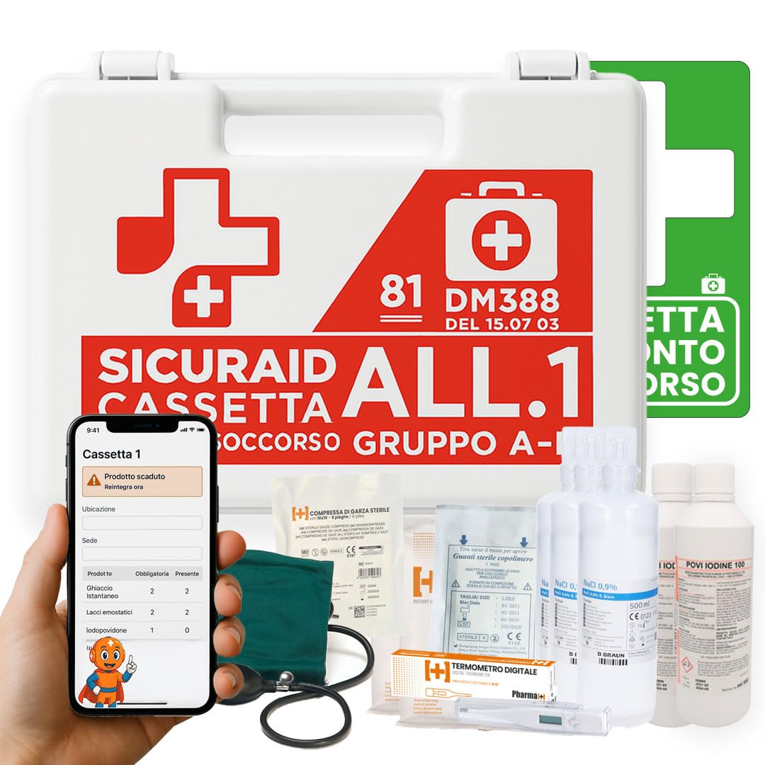 SICURAID Cassetta Pronto Soccorso Aziende più 3 Dipendenti -Cassetta Pronto Soccorso Allegato 1 Gruppo A-B Completa con Cartello e Web App SicurApp (Allegato 1 Gruppo A B)