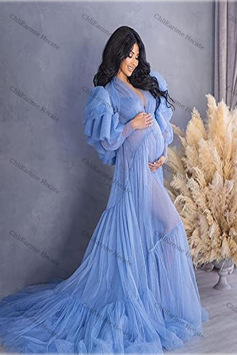 Women's Tulle Robe Sheer Night Gown Maternity photoshoot Baby Shower Party Dress