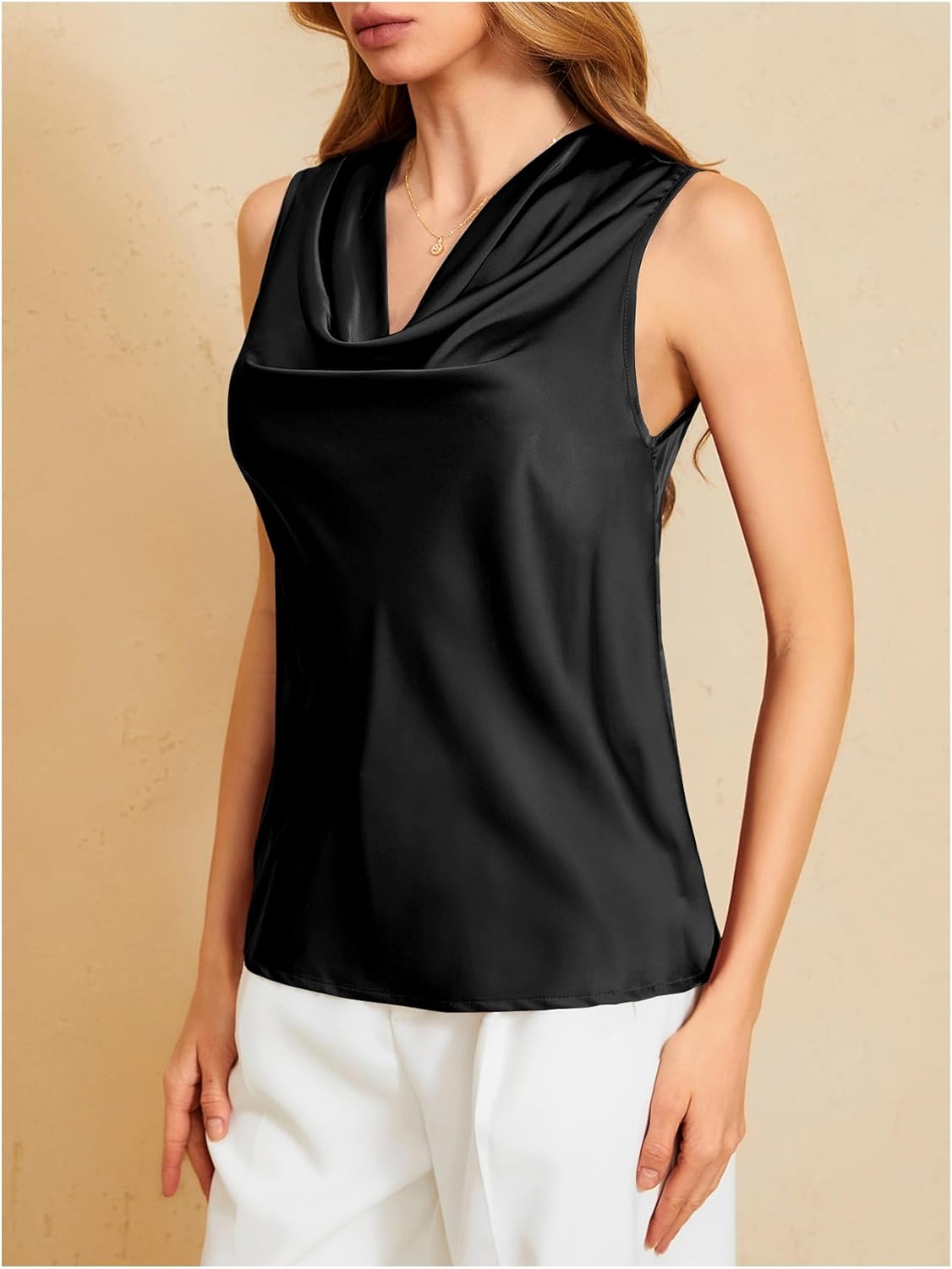 MakeMeChic Women's Draped Cowl Neck Camisole Silk Satin Tank Tops Office Work Shirt Summer Blouse - Image 3