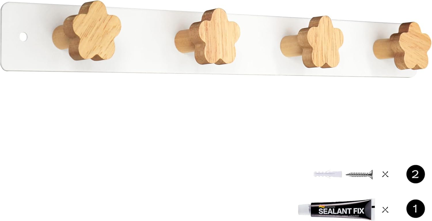 Kids Coat Rack Wall Mount with 4 Hooks, Natural Beech Wood and White Metal Wall Mounted Backpack Hanger, Kids Coat Hangers for Wall for Towels, Bags, Hats -(flower-2pc)