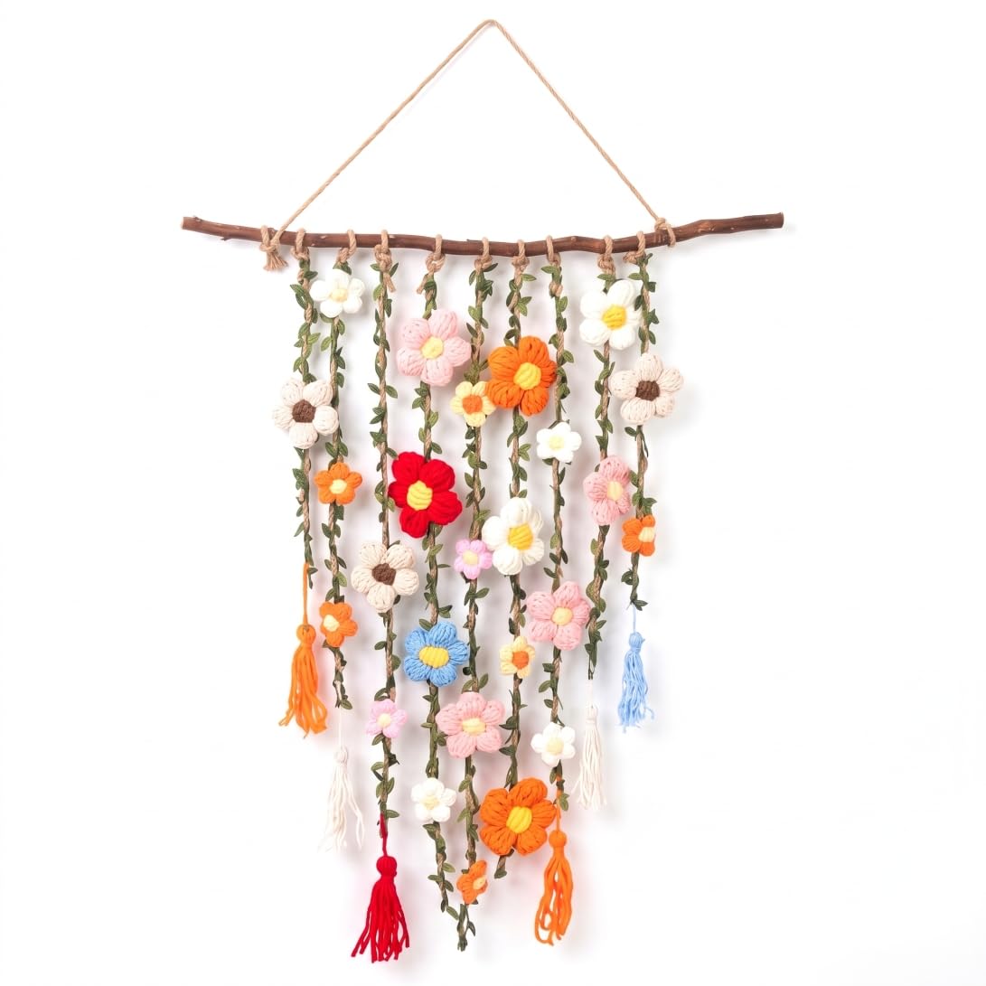 Boho Macrame Wall Hanging, Handmade Crochet Flowers Decor With Colorful Tassels & Natural Branch